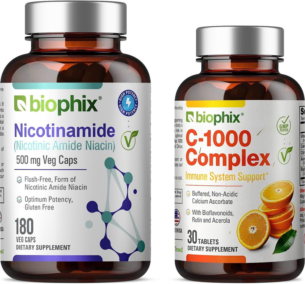 biophix B-3 Nicotinamid 500 mg 180 Vcaps - Kostenlose Vitamin C-1000 30 Tabletten - Nicotinic Amide Niacin Natural Flush-Free Vitamin Formula - Unterstützt Hautzellgesundheit