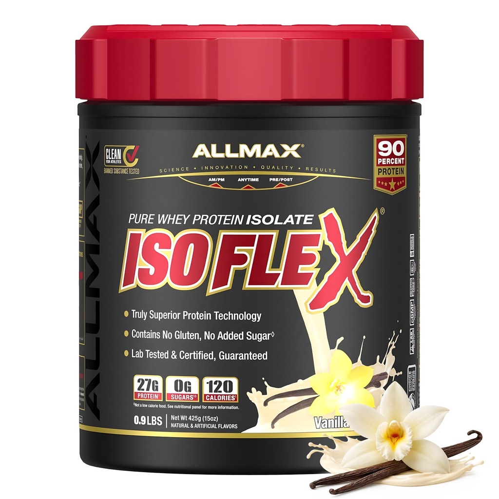 ALLMAX ISOFLEX Whey Protein Isolate, Vanille - 1 lb - 27 Gramm Protein Per Scoop - Zero Fat & Sugar - 99% Lactose Free - Gluten Free & Soy Free - Ca. 15 Servietten