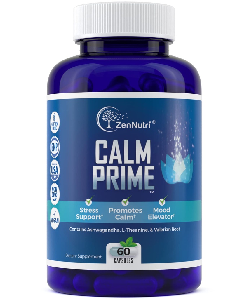 Calm Prime Stress Relief Ergänzung Nicht-Drowsy | Mood Unterstützung Ergänzung | Mood Boost | Vegan Tag Stress Ergänzungen Calm Aid | Stress Vitamine - Ashwagandha, Valerian Root - 60 Count