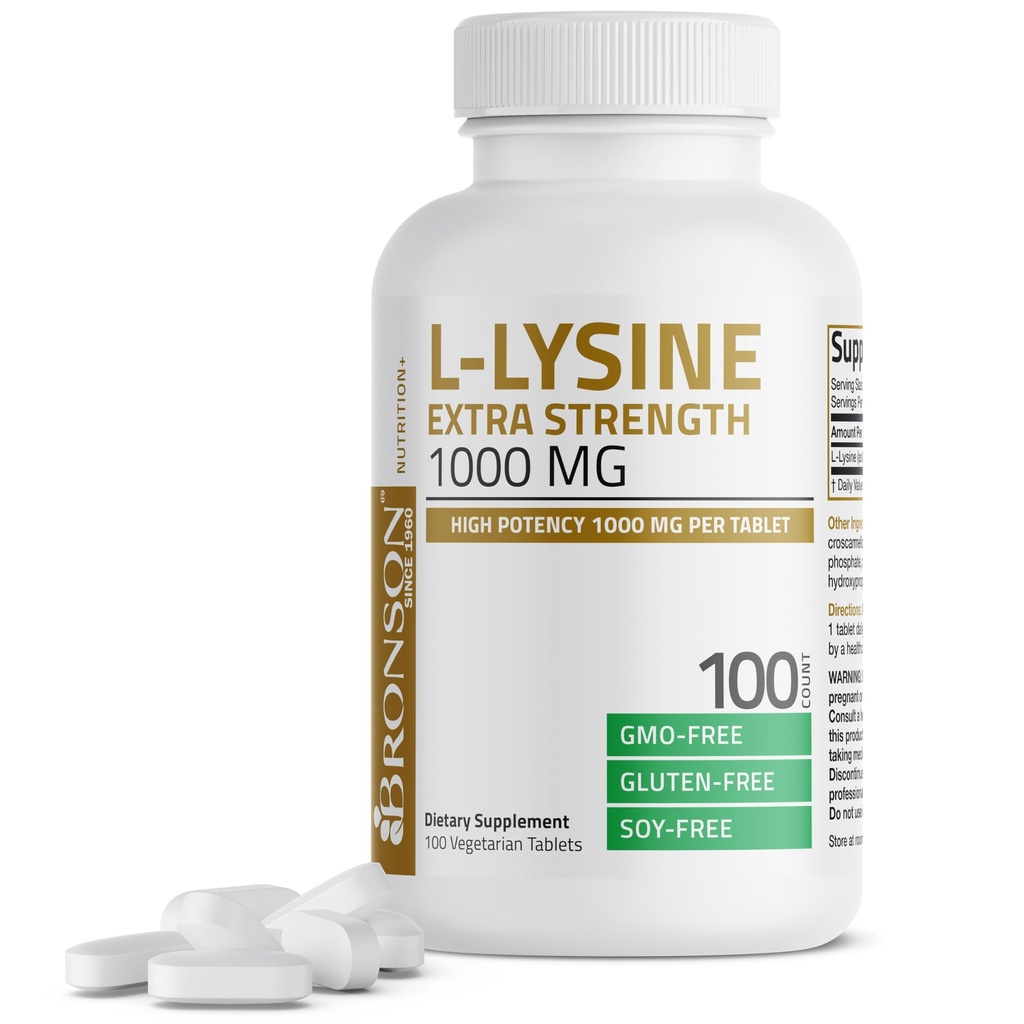 Bronson L-Lysine Extra Strength 1000 MG pro Tablet Hohe Potenz, Immununterstützung & unterstützt Kollagensynthese, Non-GMO, 100 Vegetarische Tabletten
