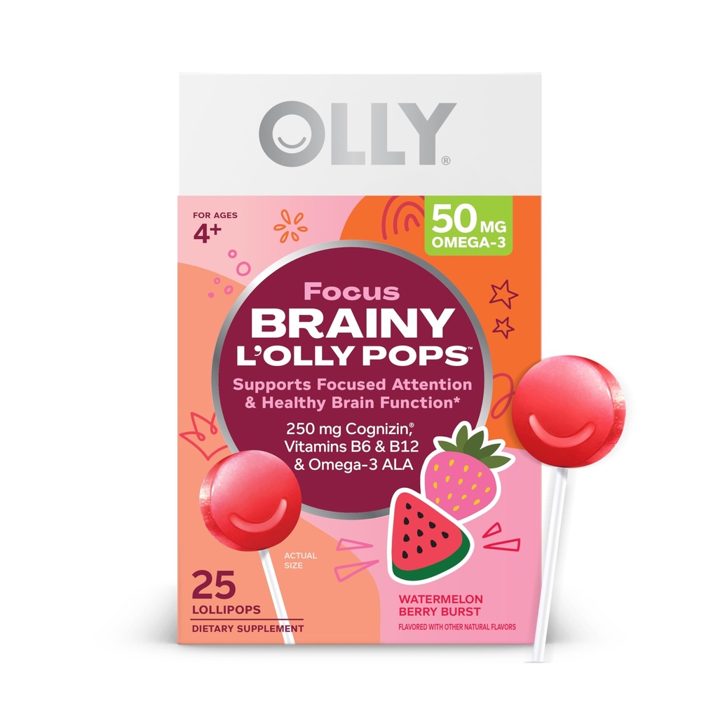 OLLY Focus Buddies L’OLLY Pops, Cognizin, Vitamine B6 und B12, Omega-3 ALA, unterstützt fokussierte Aufmerksamkeit und gesunde Gehirnfunktion,* Kinder 4+ Nahrungsergänzung, Wassermelon Erdbeeren gefickt, 25 Count