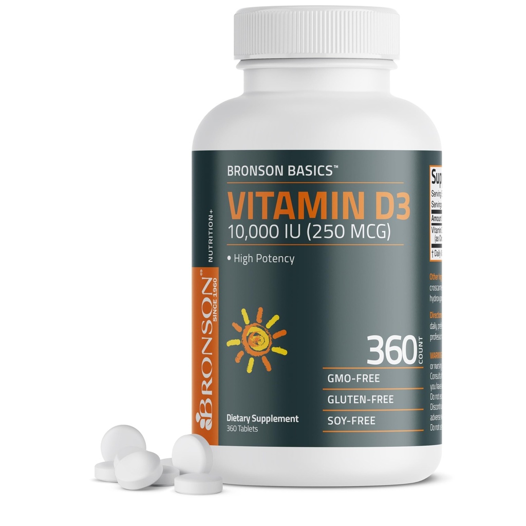Bronson vitamine D3 10 000iu (250mcg) 1 an d'approvisionnement pour une fonction musculaire saine et un soutien immunitaire, non-OGM, 360 comprimés