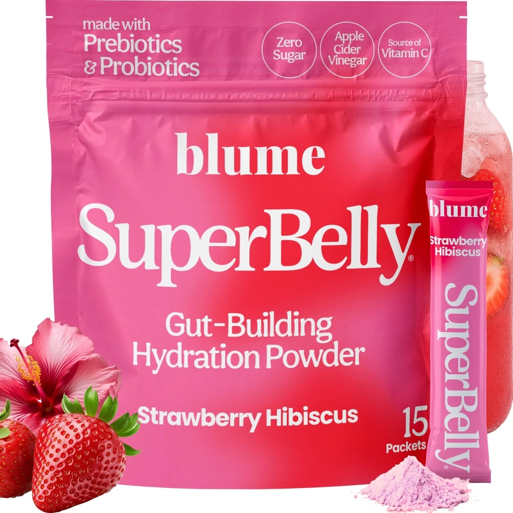 Blume neue SuperBelly Gut Gesundheit und On-The-Go Hydration Packets, Sugar-Free, mit Präbiotika, Probiotika, Apfelessig, Vitamin C, und Elektrolyte, Erdbeer Hibiscus, 15 Sticks
