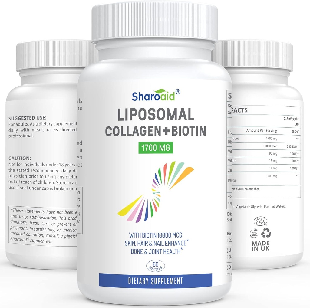Liposomal hydrolysierte Collagen Peptide 1700mg und Biotin 10000mcg Ergänzungen für Frauen,Men, hohe Absorption,Vitamin E,C und Zinkkapseln für Haut,Hair Growth,Joint und Nails,60 Softgels