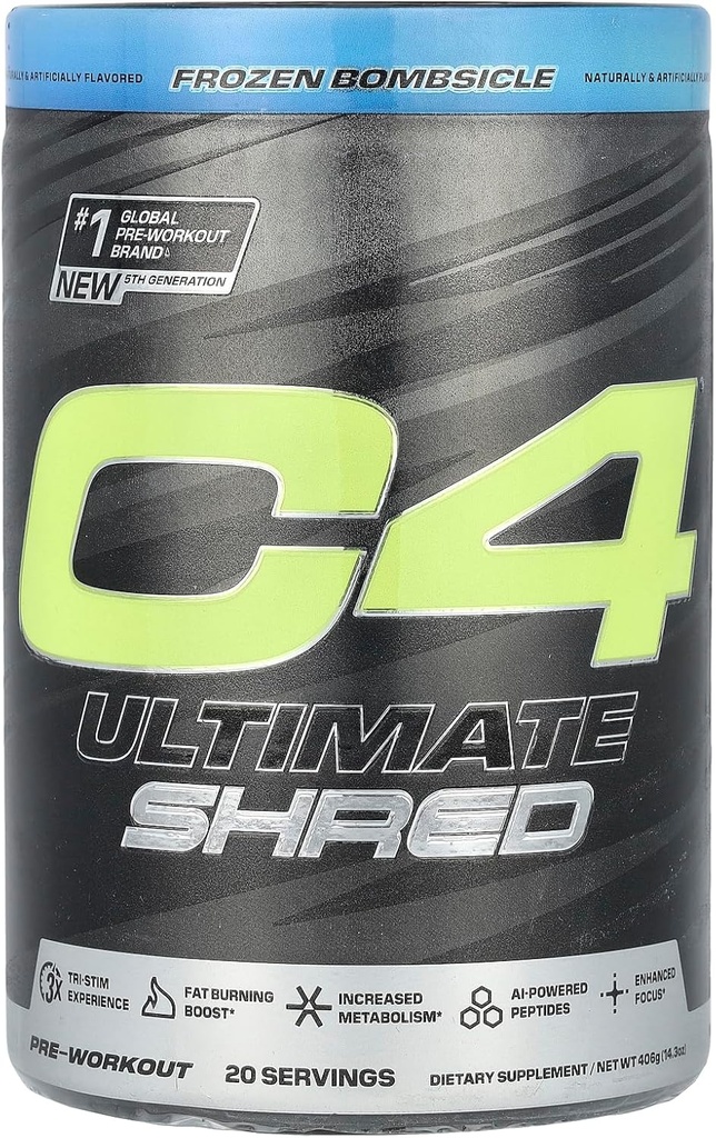 Cellucor C4 Ultimate Shred Pre Workout Powder, Metabolismus-Ergänzung mit Cayenne Extract+300mg Koffein+TeaCrine+Dynamin - Gefrorenes Bombsicle, 20 Portionen