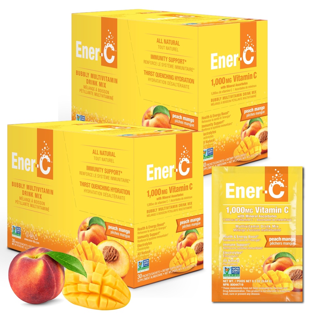 Mélange de boissons multivitamines Ener-C - Paquets de vitamines pour l'eau, Paquets de poudre d'électrolytes, Mélange de boissons vitaminiques, Mélange liquide d'hydratation, Immune Booster pour les adultes, Énergie saine - Pêche Mangue, 60 Compte