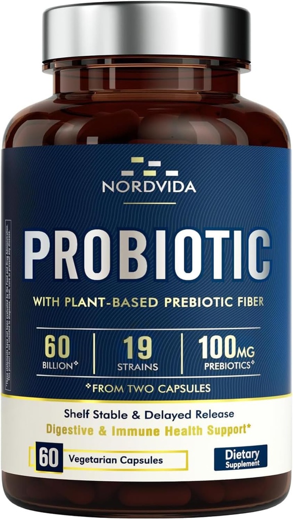Probiotique 60 milliards 19 souches avec prébiotique biologique pour les hommes et les femmes, santé digestive et immunitaire, plateau stable libération retardée, non-OGM Pas de laiterie, 60 bouchons végétaliens
