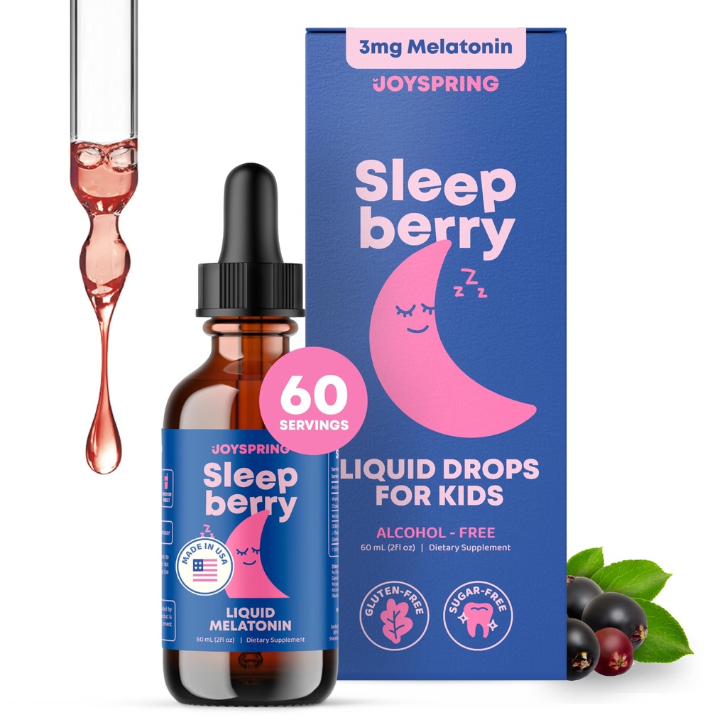 JoySpring Sleepberry Kids Melatonin 3 mg – Aide au sommeil liquide avec L Theanine, gouttes de baies à absorption élevée (2 fl oz) 60 portions, Melatonine pour enfants avec vitamine D Enfants essentiels de voyage