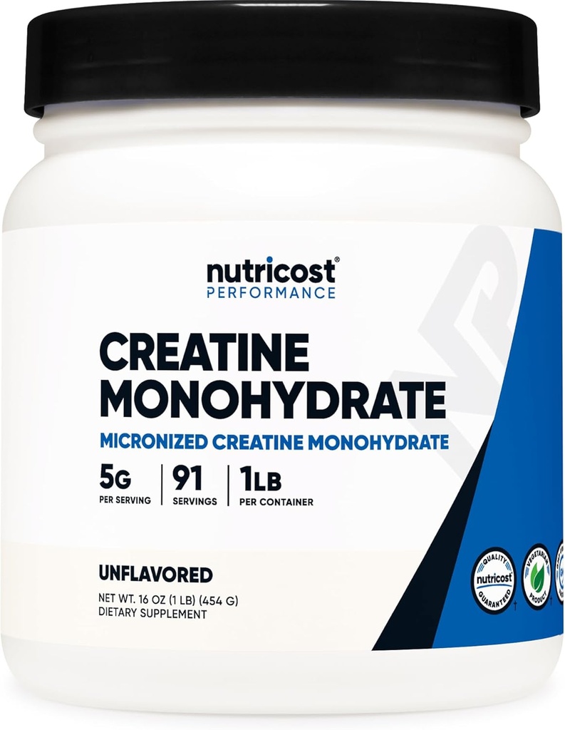 Nutricost Creatine Monohydrate Poudre micronisée 1 LB (454 grammes), 5000mg par portion (5g) - Micronized Creatine Monohydrate