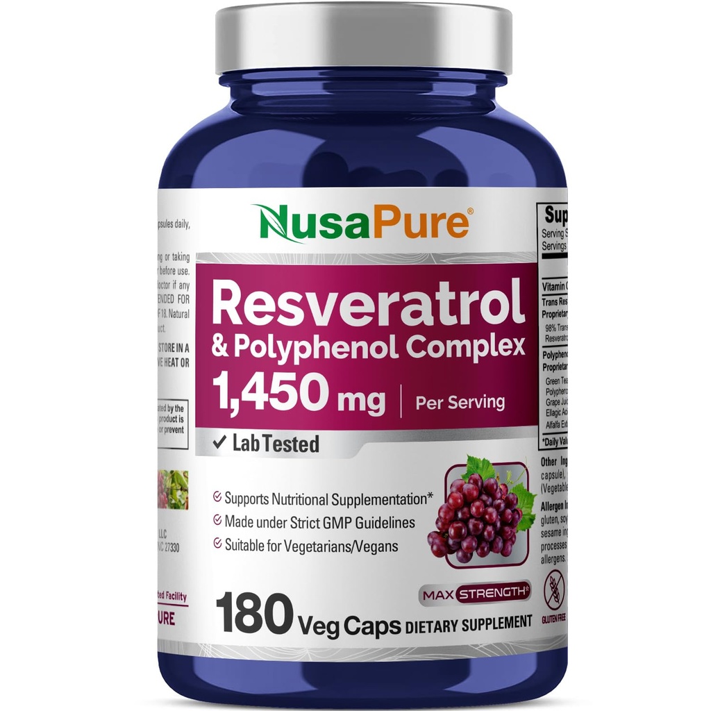 Résvératrol et complexe polyphénol NusaPure 1450mg 180 Caps végétariens (non OGM, végétalien) Vitamine C