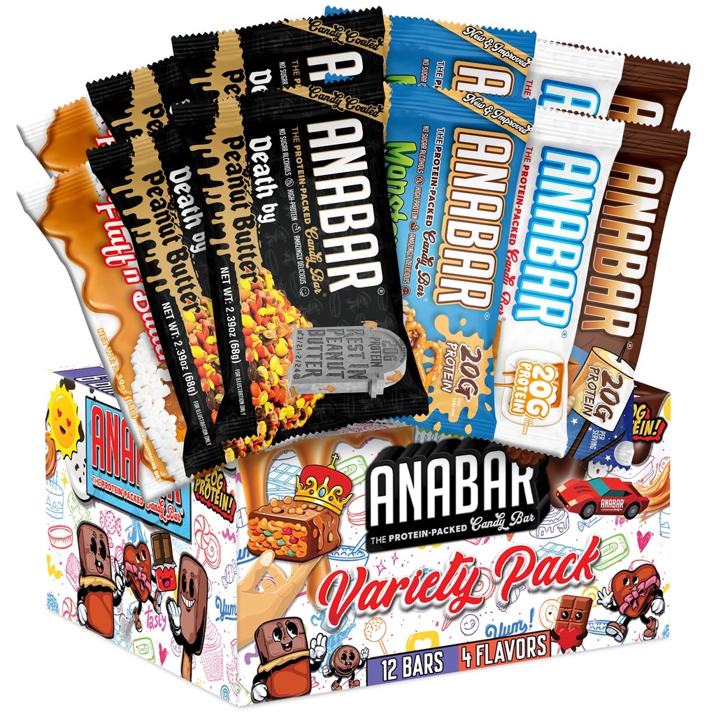 Anabar Protein Bar, The Protein-Packed Candy Bar, World's Best Tasting Protein Bar, No Sugar Alcohols, High Protein, Amazingly Delicious, 20 Gramm Protein (12 Bars, Variety Pack)