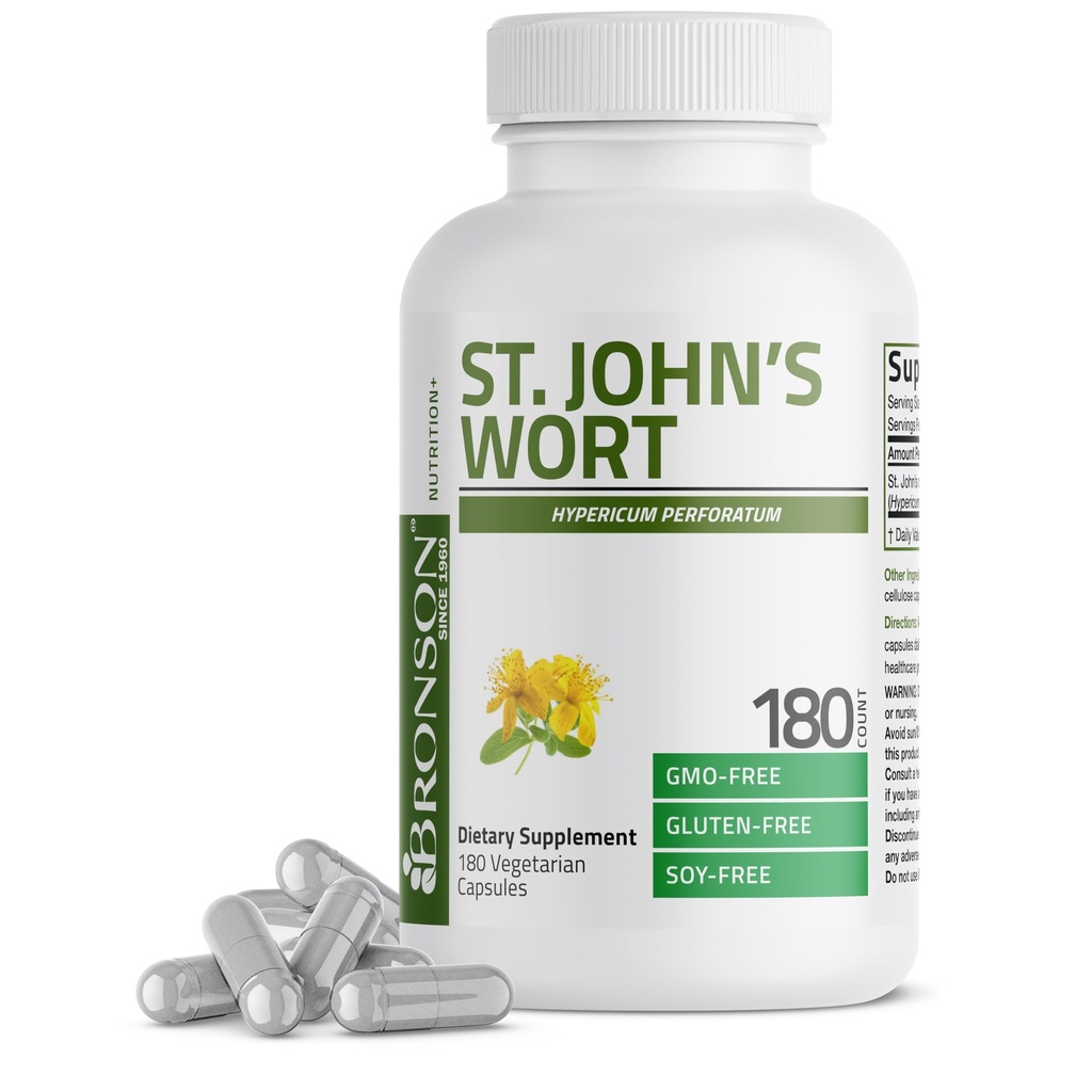 Bronson St. John's Wort 700 MG par portion Hypericum Perforatum soutient une humeur positive - non-OGM, 180 capsules végétariennes