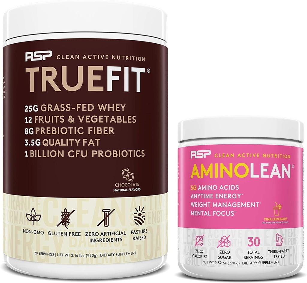 RSP NUTRITION AminoLean Pre Workout Energy (Pink Lemonade 30 Servings) mit TrueFit Protein Powder (Chocolate 2 LB)