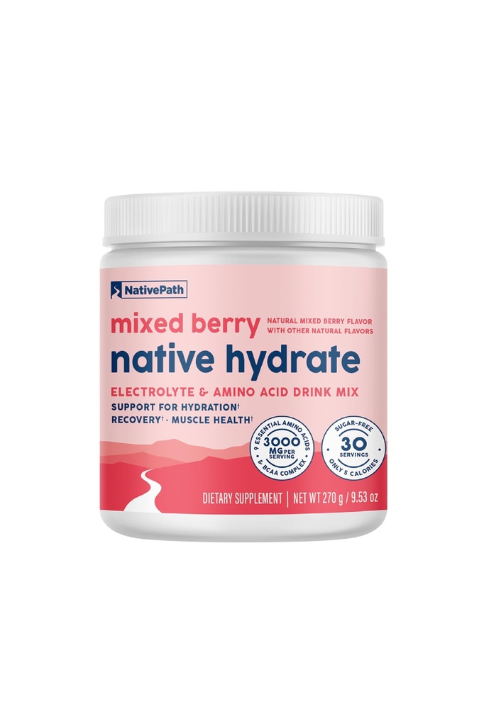 Hydrate NativePath, Zéro Sucre, Poudre d'électrolytes avec BCAA, Hydratation mixte de baies, Keto & Paleo Friendly, 30 portions