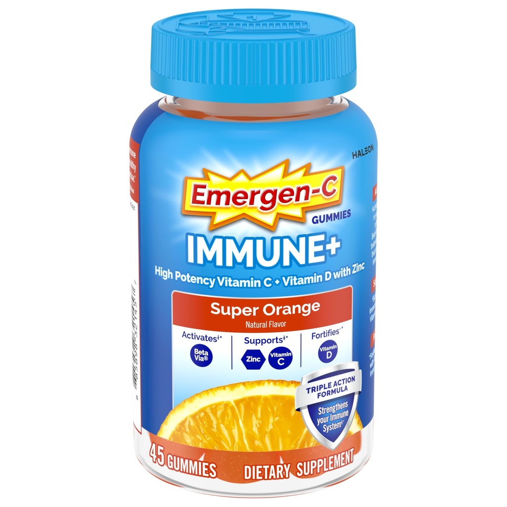 Emergen-C Immune+ Triple Action Immune Support Gummies, BetaVia (R), 1000mg Vitamine C, B Vitamines, Vitamine D et Antioxydants, Super Orange - 45 Compte