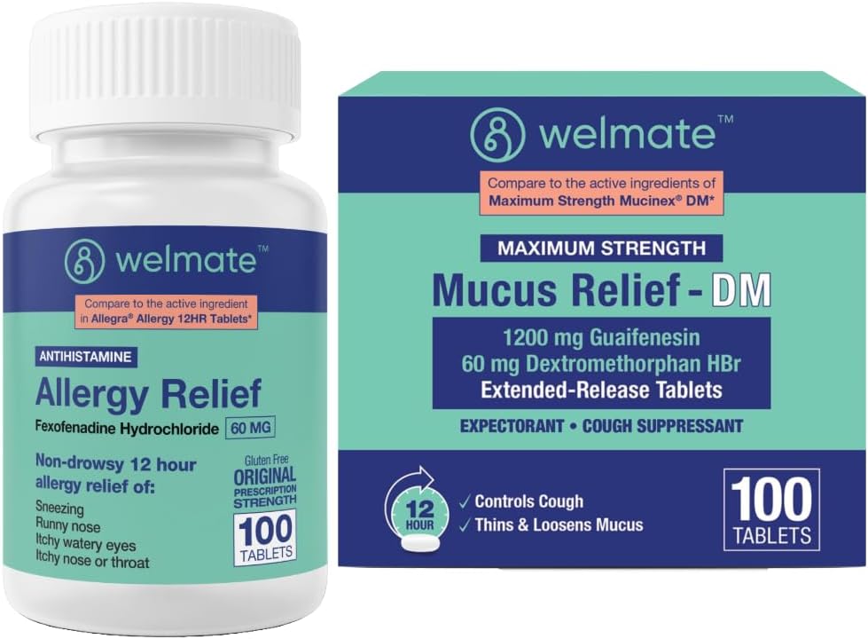 WELMATE Total Respiratory Health Bundle: Allergy Relief Fexofenadin HCl 60mg (100 Ct) 12-Hour Non-Drowsy Antihistamin + Maximum Strength Mucus Relief DM 1200mg Guaifenesin & 60mg DXM (100 Ct)