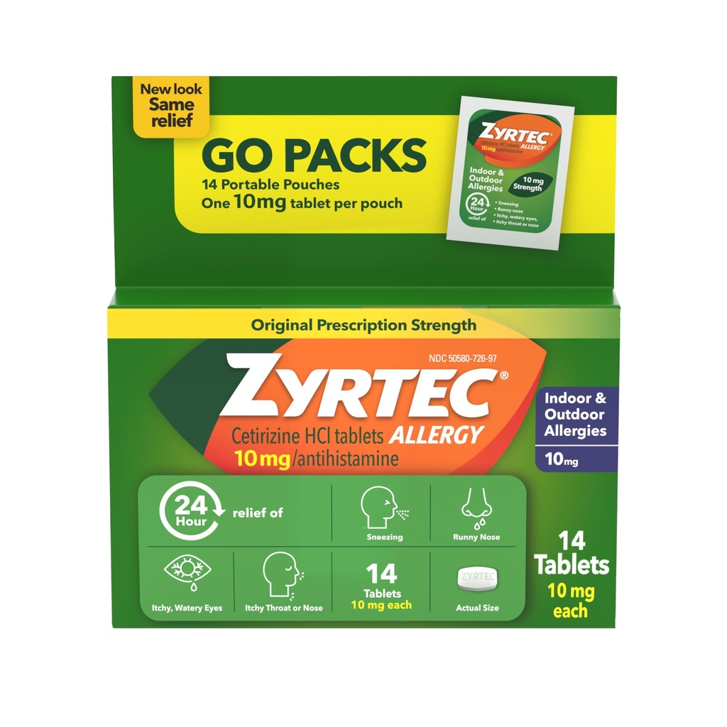 Zyrtec 24 heures sur 24 comprimés antiallergiques, antihistaminique intérieure et extérieure antiallergique médecine + Cétirizine HCl, soulagement du nez runny, éternuement, et yeux démangeaisons, paquets simples, 14 x 1 ct Packets