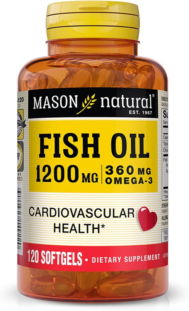 MASON NATURAL Fischöl 1.200 mg Omega-3 360 mg - Gesundes Herz, unterstützt Kreislauffunktion, verbesserte Herz-Kreislauf-Gesundheit, 120 Softgels