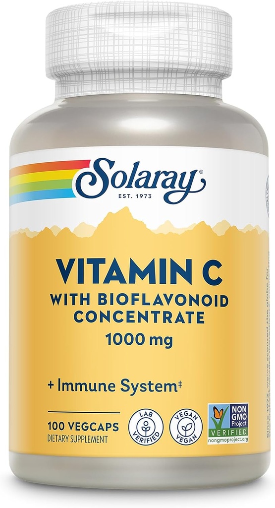 SOLARAY Vitamin C 1000mg mit Bioflavonoiden Konzentrat - Vitamin C Kapseln mit Rose HIPS und Acerola Kirsche - Antioxidans, Herzgesundheit und Immununterstützungsergänzung, Vegan, Non-GMO, 100 Portionen