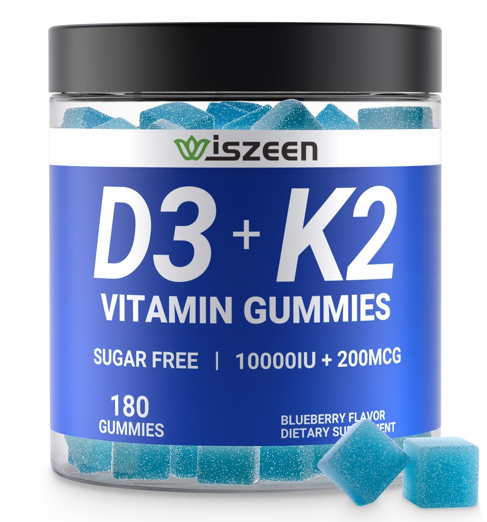 Vitamine sans sucre D3 K2 Gommies, Vitamine D3 10000iu et Vitamine K2(MK7) 200mcg avec Calcium, Magnésium, Vitamine B12 pour Immune des dents des muscles os, Vegan