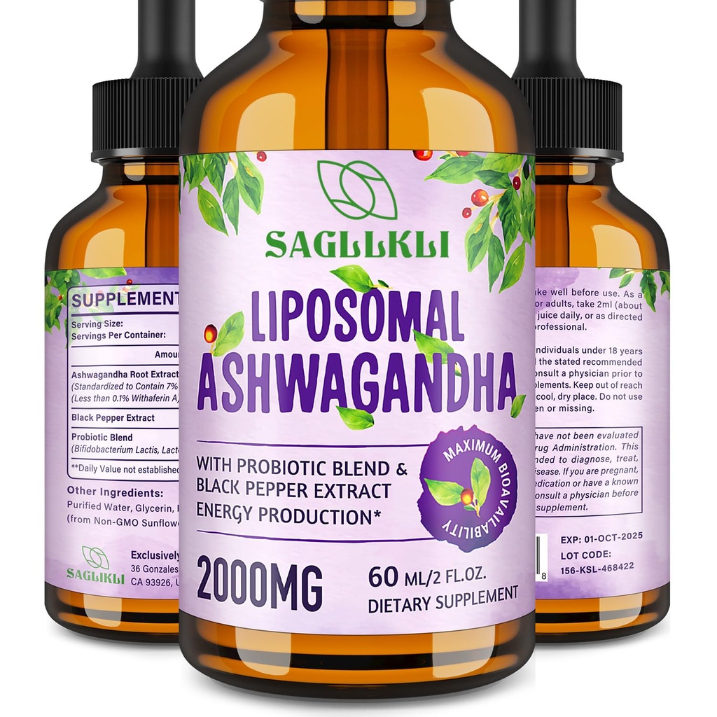 Liposomal Ashwagandha Liquid Drops 2000mg, Ashwagandha Root Extract Supplement (7% Withanolides) mit Black Pepper Extract & Probiotics for Focus, Cognition & Energy - 2 FL.OZ (1 Flasche)