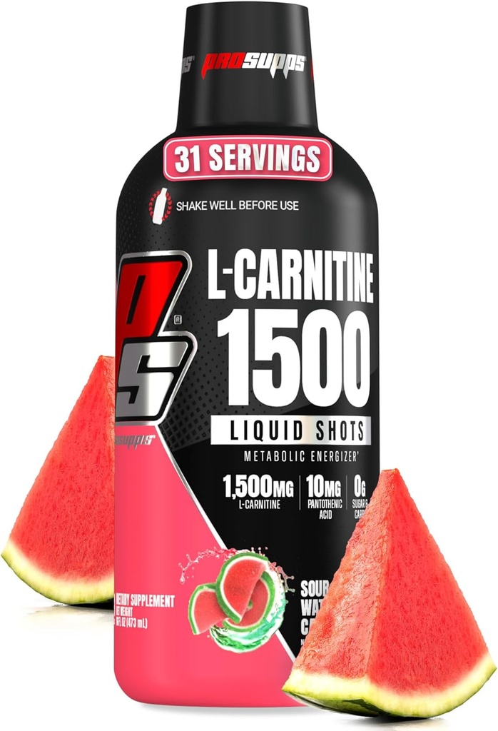 PROSUPPS L-Carnitine Liquid 1500, Stimulant-free liquides shots pour les hommes et les femmes - boisson de pré-entraînement propre pour l'énergie, la performance et la récupération musculaire - Pas de sucre, pas de glucides - 31 portions, boîte de pastèque