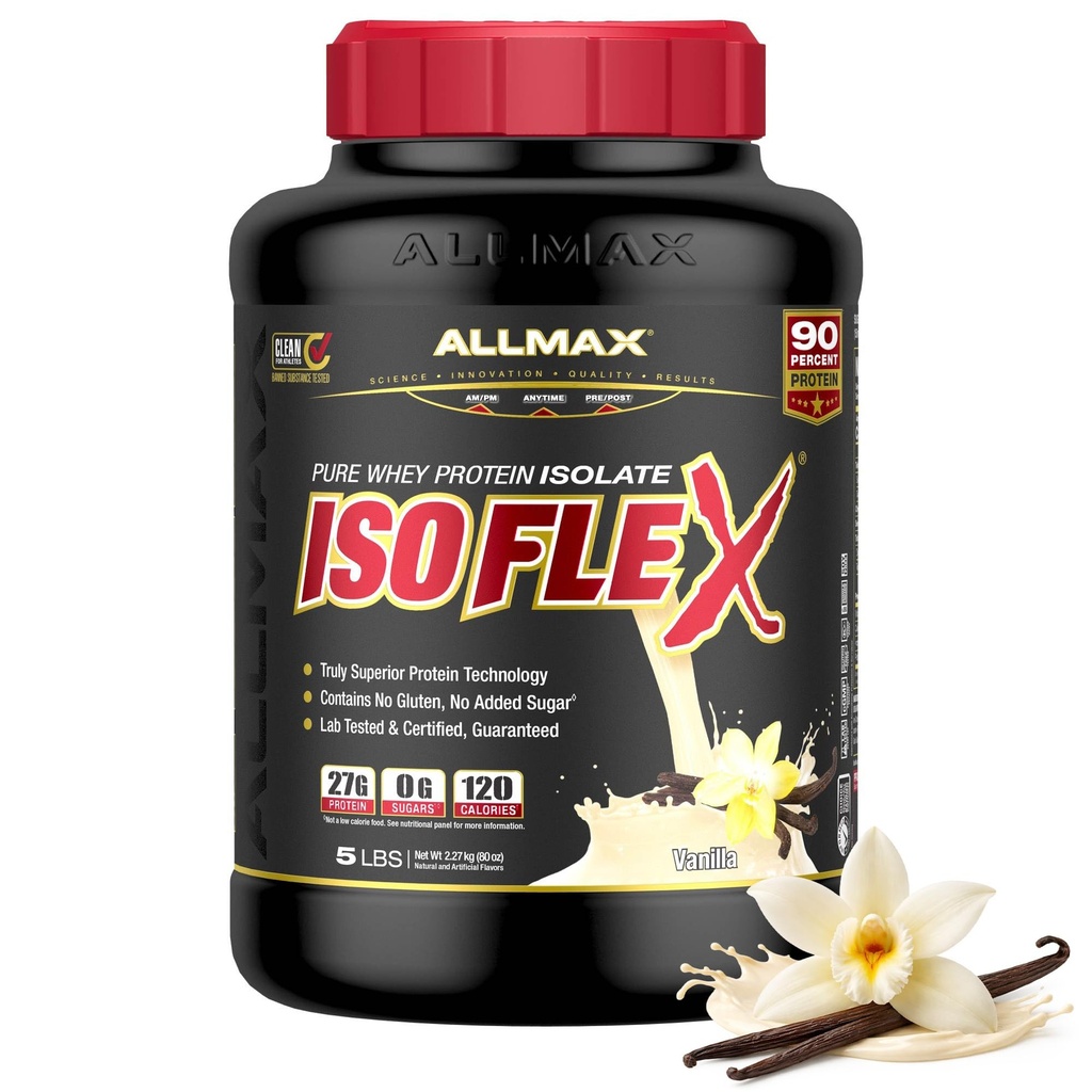 AllMAX Nutrition - ISOFLEX Poudre de protéines de lactosérum, isolat de protéines de lactosérum, 27g de protéines, vanille, 5 livres