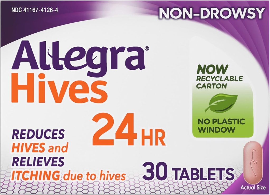 Allegra Hives Antihistamine Comprimés 24 heures sur 24, Réduction de la pisse non somnolente et soulagement de la démangeaison, 180 mg de Fexofenadine HCI, 30 mois
