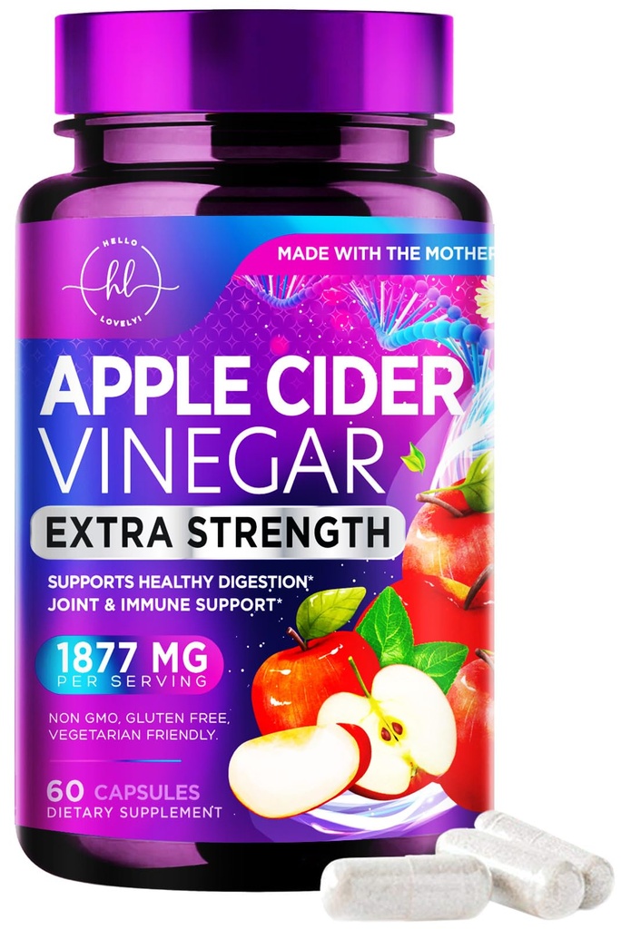 Capsules de vinaigre de cidre de pomme 1877mg - vinaigre de cidre de pomme Pills avec vitamine D3 et zinc - Supplément de vinaigre de pomme pour la digestion, l'énergie et le soutien immunitaire, non-OGM, mis en bouteille aux États-Unis - 60 capsules