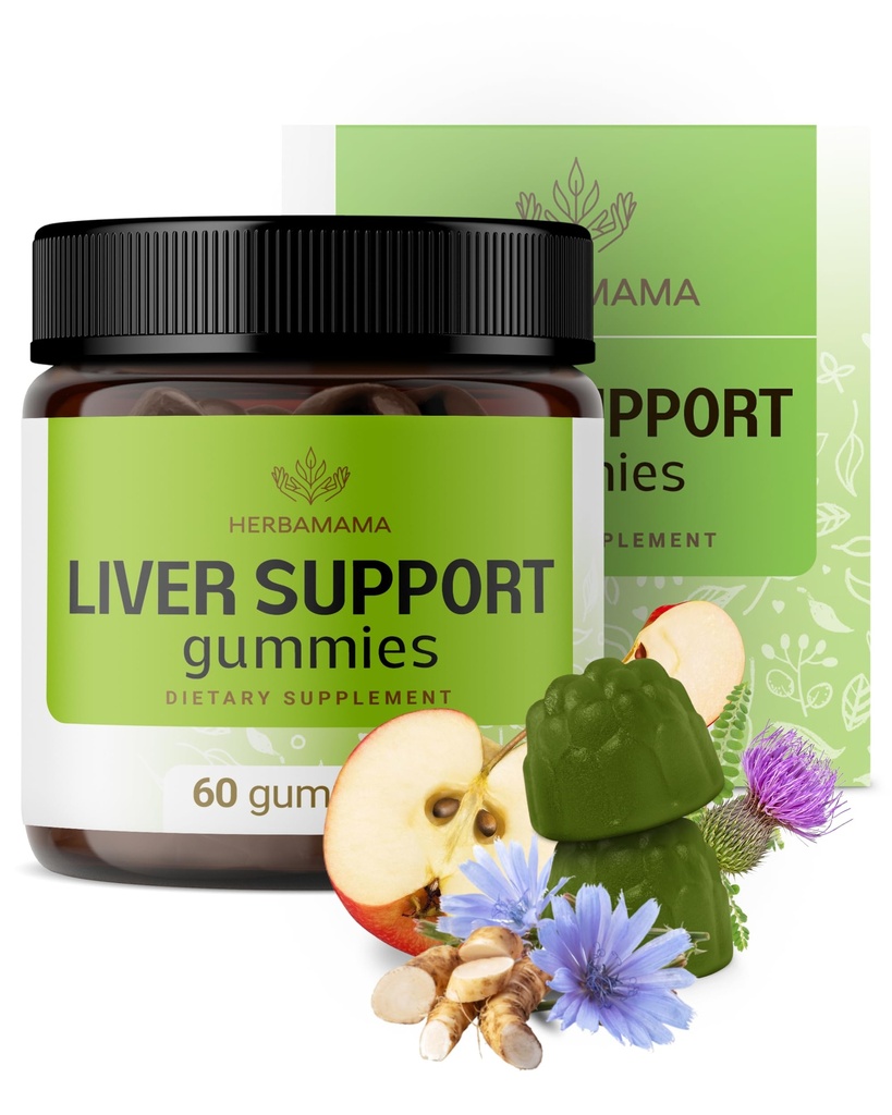 HERBAMA Liver Support Gummis - Kräuter-Komplex für Leberentgiftung und Sauberkeit - Vegan, Non-GMO Gesamtunterstützungsergänzung - 60 Pectin-basierte Apple-Flavored Chews