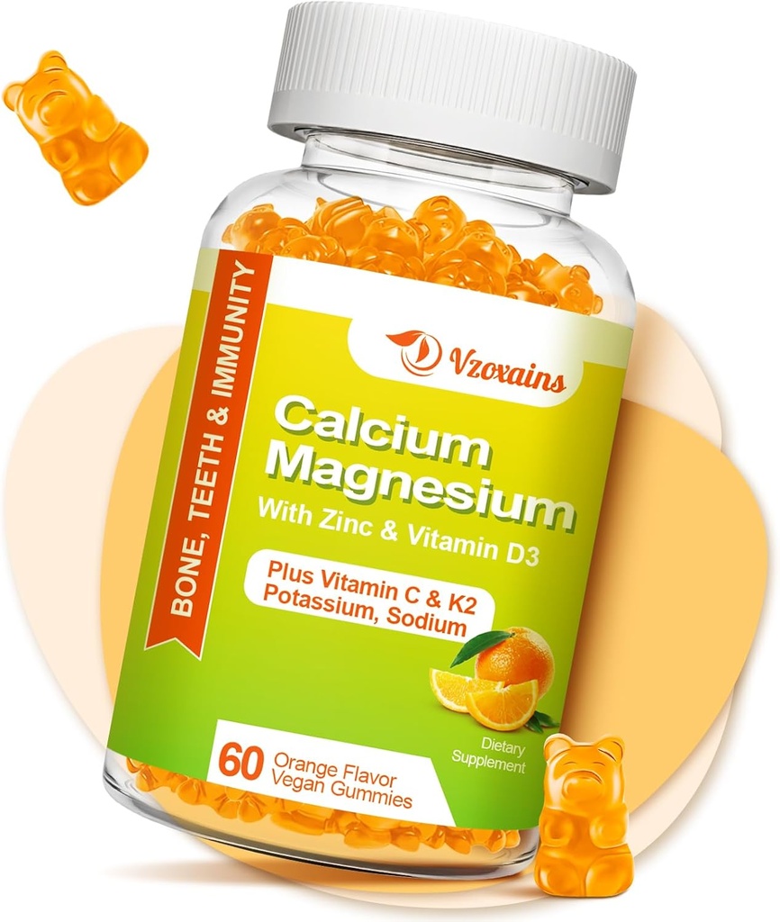 Hohe Absorption Calcium-Gummi-Gummi-Ergänzung mit Kalium-Vitamin D3 für Männer und Frauen - Vegan, Orange Flavor 60 Cts