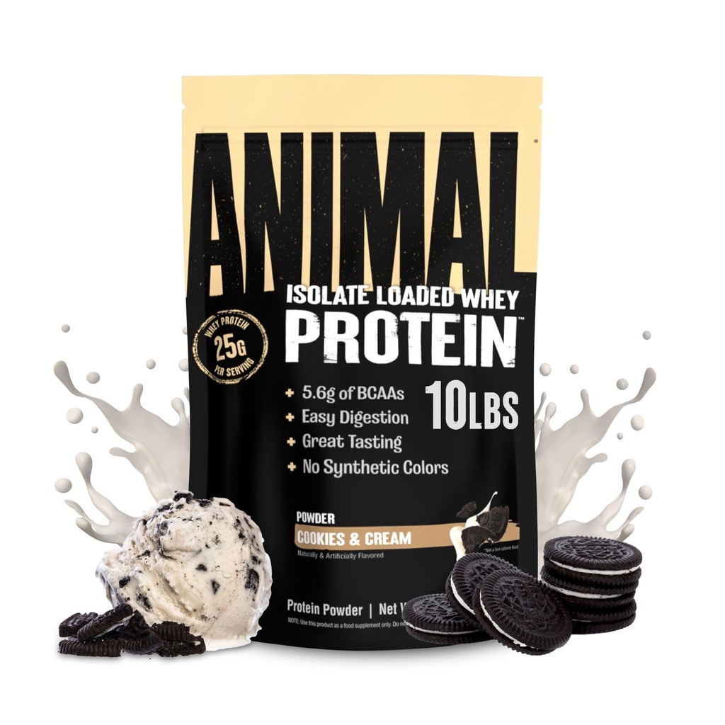 Poudre de protéines isolates de la lactosérum animal - Loaded for Pre & Post Workout Muscle Builder and Recovery with Digestive Enzymes for Men & Women - 25g Protéines, Grand Goût, Faible Sucre - Cookies et Crème 10 lbs