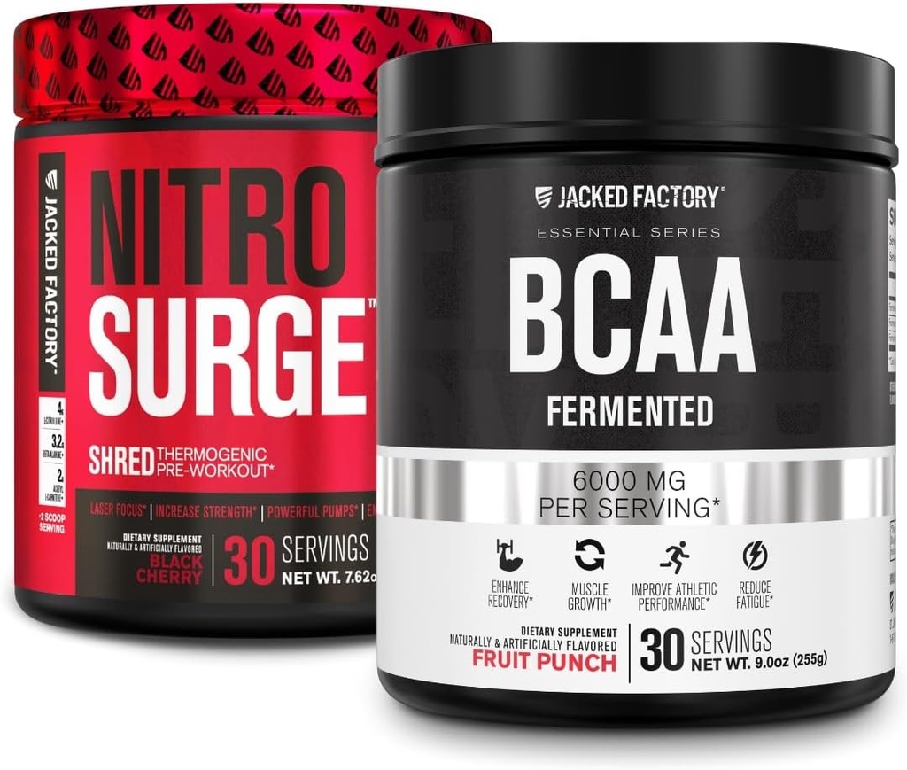 Jacked Factory Nitrosurge Shred Thermogenic PreWorkout in Black Cherry & BCAA in Fruit Punch für Body Recomposition, Muskelaufbau und Erholung