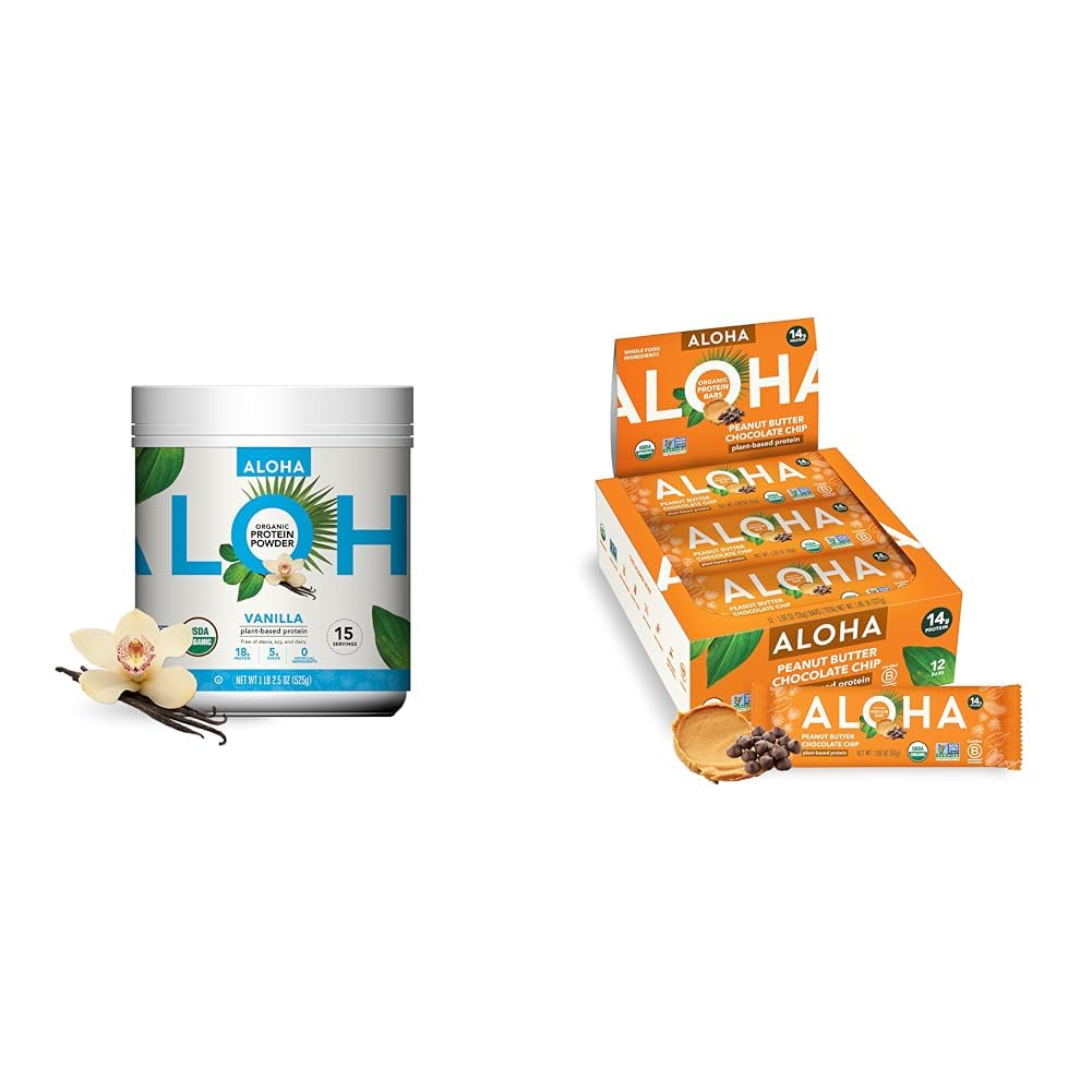 ALOHA Organic Plant-Based Protein Pulver Vanille 19.6oz, Protein Bars Peanut Butter Schokolade Chip 1.98oz Paket von 12 Bundle