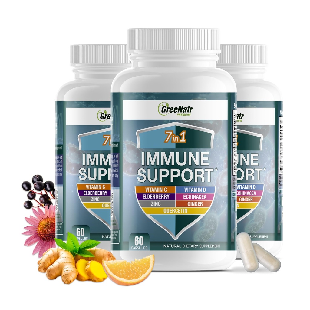 GreeNatr Immununterstützungsergänzung mit Vitamin C, D3, Zink 50mg, Quercetin, Echinacea Purpurea, Sambucus Elderberry und Ginger für vollständige Immunabwehr - 60 Kapseln (3 Flaschen)