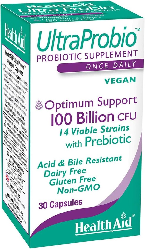 HealthAid UltraProbio, 100 Billion 30ct Einmal täglich Kapseln, Optimum-Unterstützung, 100 Billion mit Prebiotikum, Säure & Bile Resistant, Non-GMO