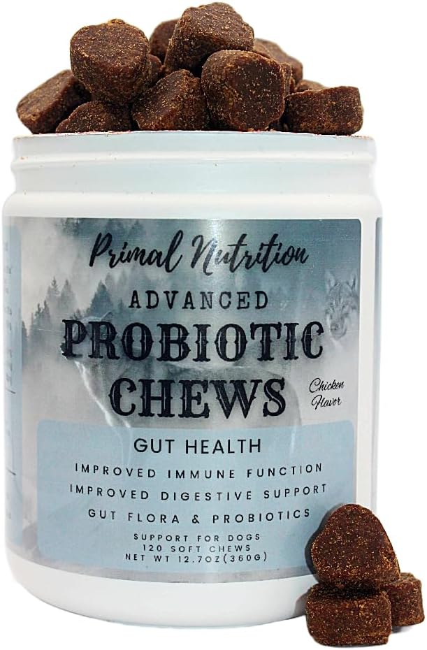 Primal Nutrition Probiotics for Dogs - Verdauungsenzyme für Gut Flora, Verdauungsmedizin, Durchfall & Bowel-Unterstützung - Hundeergänzung Soft Chew für Pet Immunsystem - Huhn
