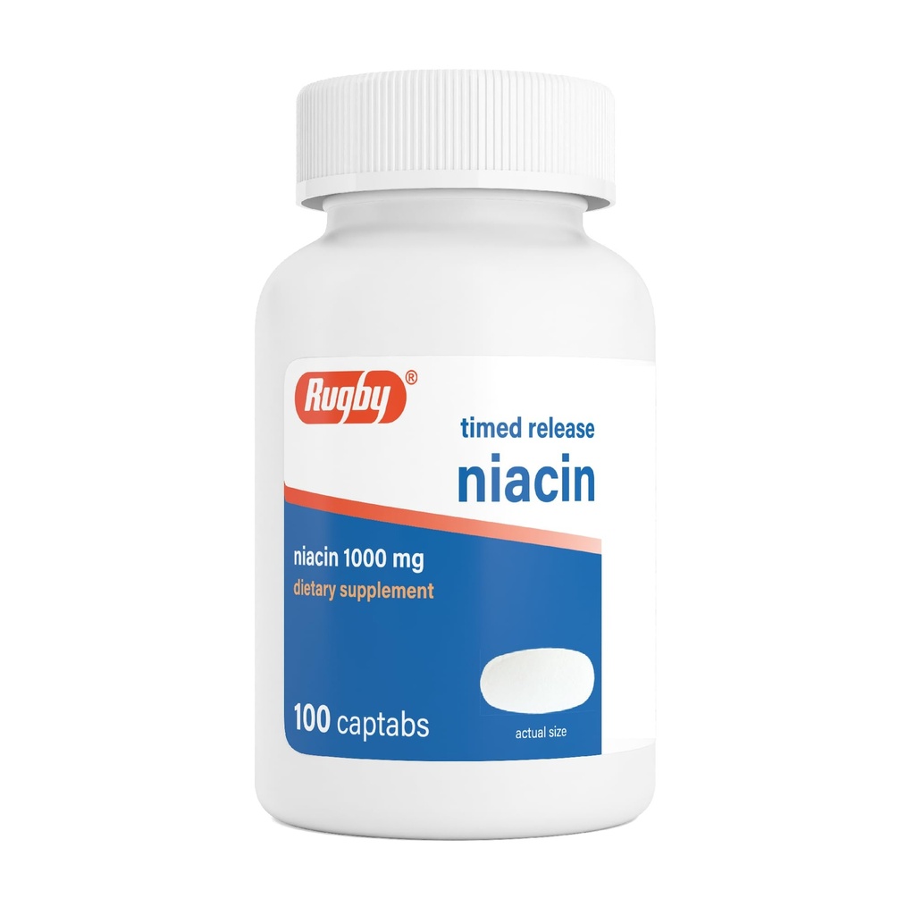 Rugby Timed-Release Niacin 1000mg Nahrungsergänzung für Erwachsene für Energie, Zirkulation und Stoffwechsel Unterstützung, 100 Captabs (Pack von 1)
