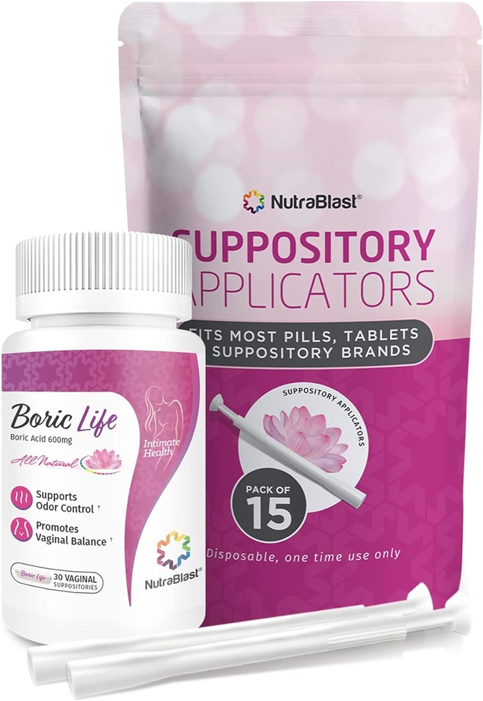 NutraBlast Borsäure Vaginal Suppositories 600mg Bundle mit Applicator, 30 Suppositories & 15 Applicators - Feminine Care - Made in USA