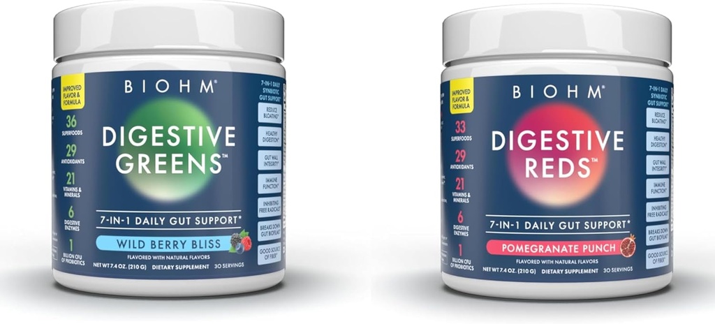 BIOHM Ensemble essentiel, Rouges et Verts digestifs, Poudre superalimentée, Antioxydants, Vitamines, Probiotiques, Santé digestive pour les hommes et les femmes, Supplément de digestion avec enzymes, 30 portions