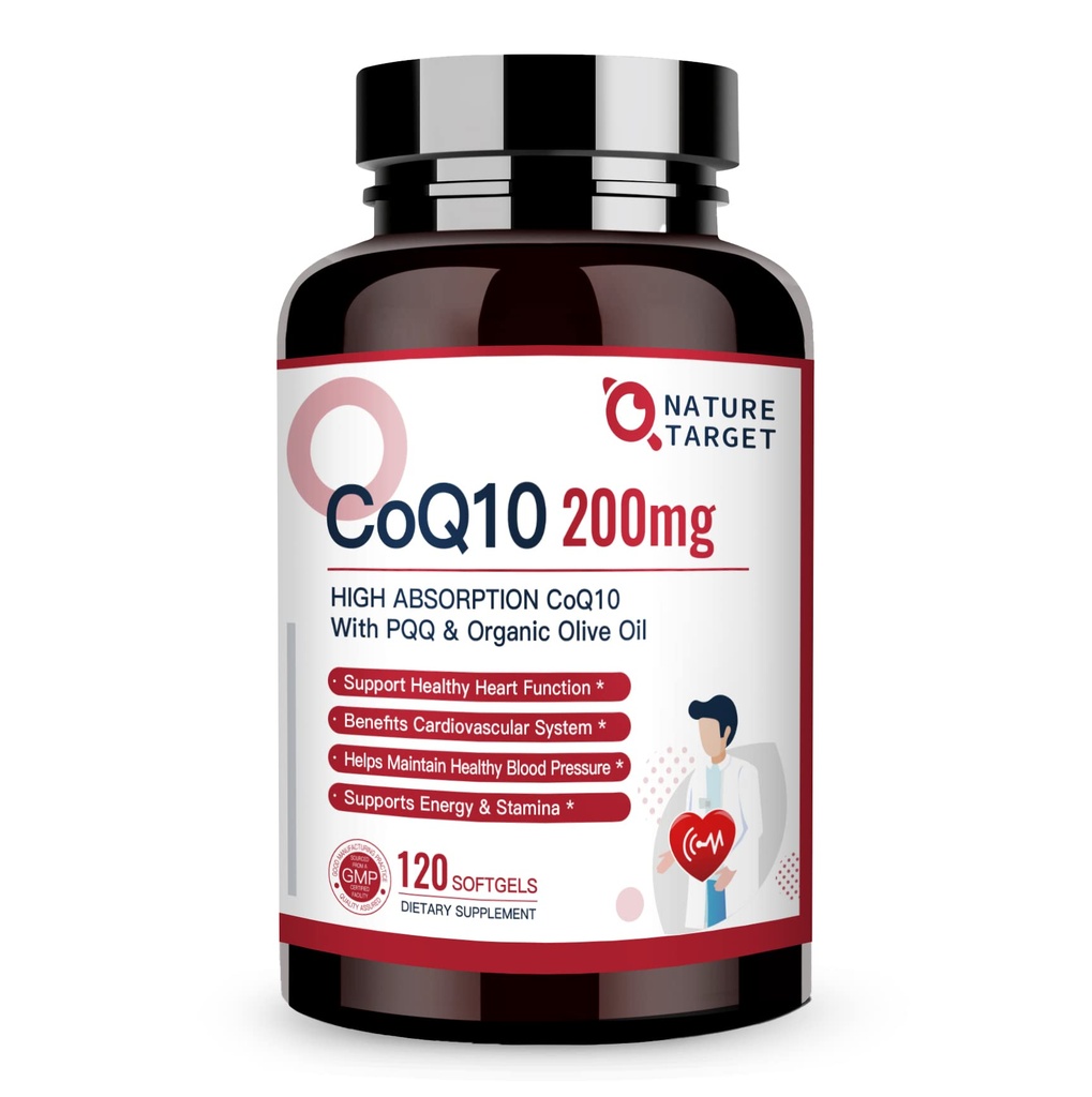 NATURE TARGET CoQ10-200mg-Softgels + PQQ avec Organic-Olive-Huile - High Absorption-Coenzyme-Q10 - Antioxydant-pour-Heart-Heart-Health et Immune Support, Production d'énergie, 120 Servants