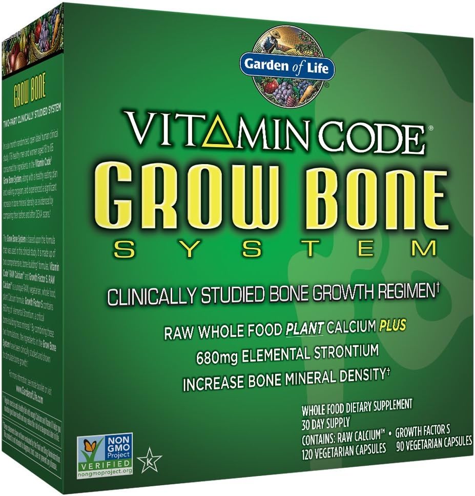 Supplément de calcium pour le jardin de la vie - Code vitaminique Faire pousser les os avec des aliments entiers, Strontium, Magnésium, K2 MK7, Vitamine D3 & C Plus Probiotiques pour la santé des Guts, 30 jours