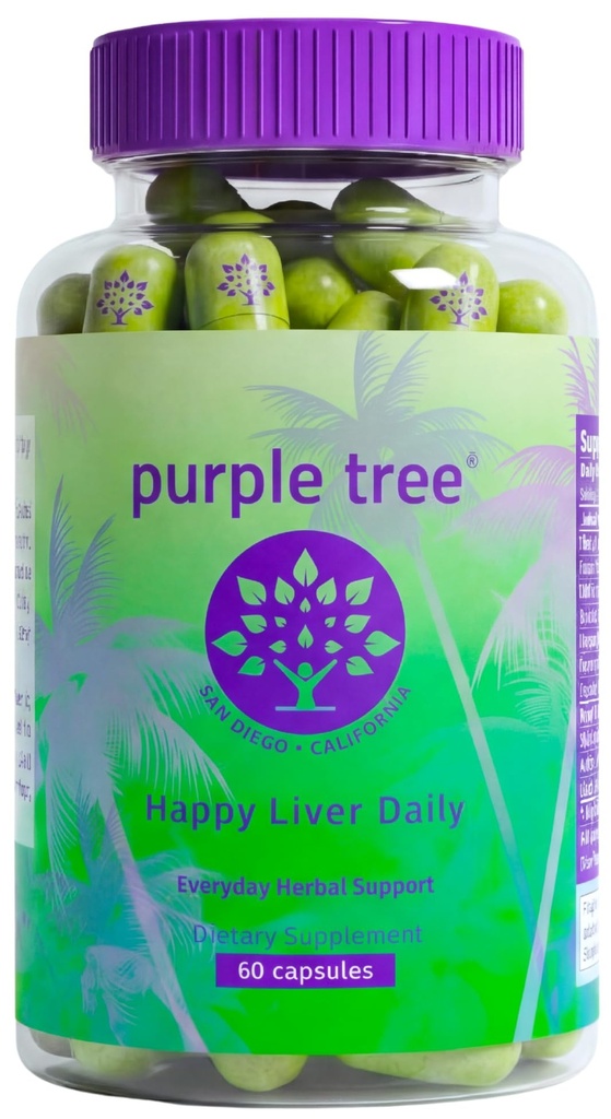 pourpre Happy Liver Daily.Support et nettoyage du foie avec le chardon de lait 80% Silymarin, racine de dandelion, feuille d'artichaut, thé à la vigne DHM, vitamines et plus - 60 pilules de détox de foie Veggie