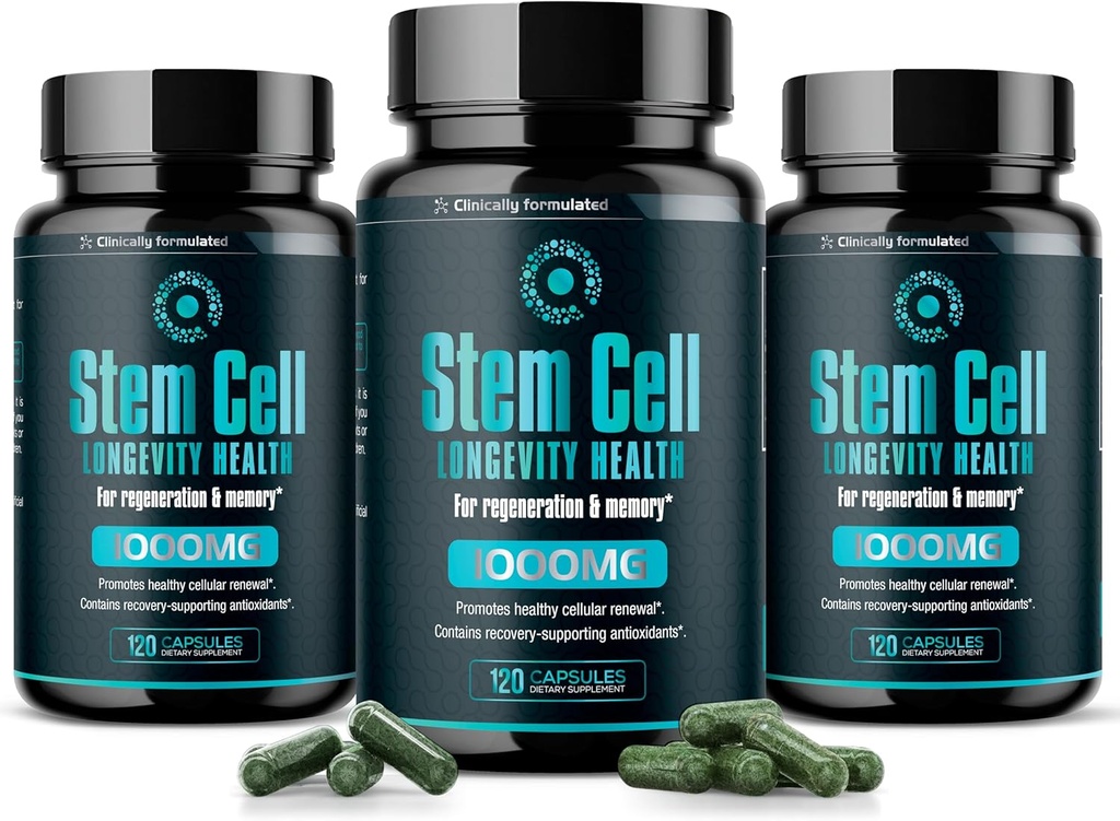Suppléments de cellules souches Premium 1000mg (360caps) Boost Immunity, Réduire les douleurs articulaires, soutenir l'anti-âge naturel et la longévité avec Spiruline et Chlorella pour la vitalité, Celulas Madre Formule de santé