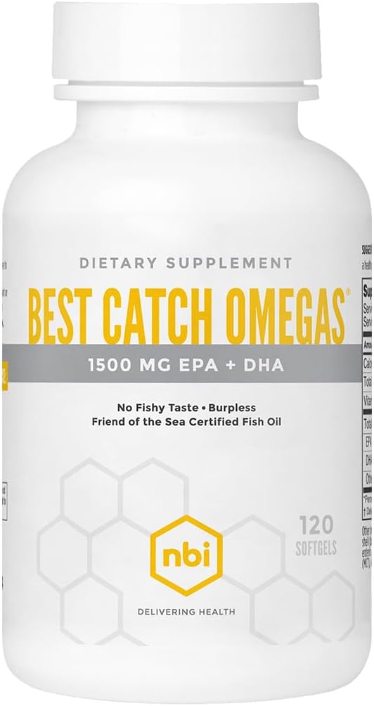 NBI Best Catch Omegas High Potency Omega-3 | EPA + DHA für Herz, Gehirn Unterstützung | Beste Absorption | Sustainable Sourced | Burpless Formel | Natürliche Zitronen Duft | 120 Softgel Kapseln
