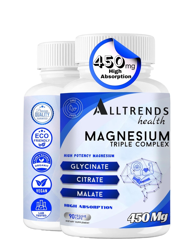 AllTrends Health Triple Magnesium Complex | High Potency Magnesium 450mg of Magnesium Glycinate, Malate & Citrate | High Absorption | Non-GMO, Gluten Free, Soy Free, Vegan | 90 Capsules.