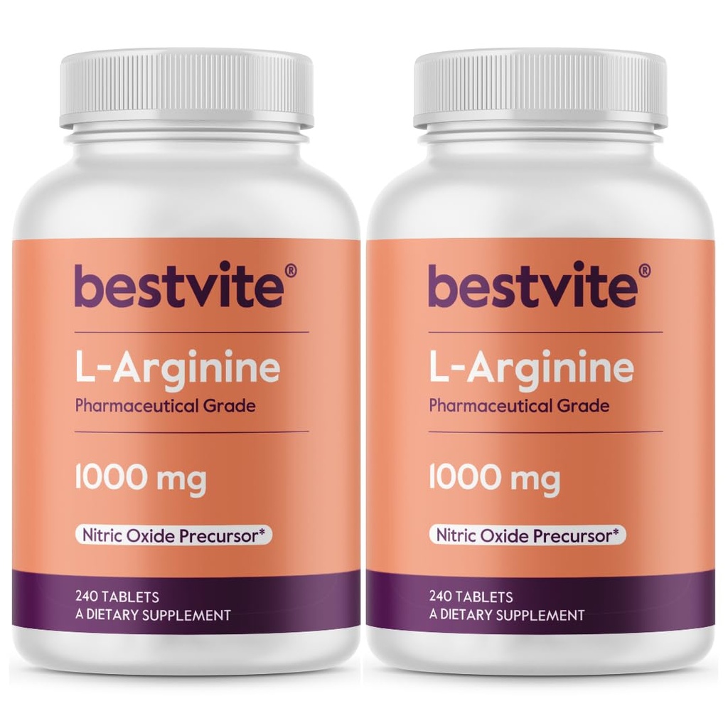 BESTVITE L-Arginin 1000mg pro Tablet (480 Tabletten) (240 x 2) – Pharmazeutischer Grad – Enthält 20% mehr reines Arginin im Vergleich zu Arginin HCl – Nitric Oxid Precursor*