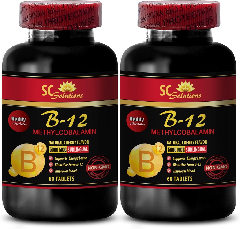 b12 Vitamines 5000 mcg - MÉTHYLCOBALAMIN Vitamine B-12 5000 - Sports Nutrition Endurance, Energy Booster, Suppléments d'énergie pour les hommes de plus de 50 ans, Vitamine b 12, Suppléments de soutien de la peau - 2 bouteilles 120 Tabl