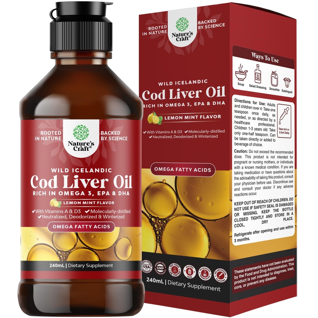 Huile de foie de morue sauvage d'Islande liquide - gouttes d'huile de poisson avec Omega 3, EPA, DHA, vitamine D & A - supplément de foie de morue liquide pour le coeur, l'articulation, le cerveau et l'immunité - 240 ml (8 once)