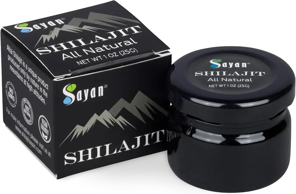 Sayan Pure Shilajit Resin 1oz/25g, Glas Jar, 250 Servierungen - Potent Organic Fulvic Acid Supplement - Unterstützt Immunsystem, Gedächtnis, Fokus und liefert natürliche Energie, Detox - Vegan, Non-GMO
